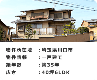 物件所在地 ：埼玉県川口市 物件情報：一戸建て 築年数：築35年 広さ：40坪6LDK