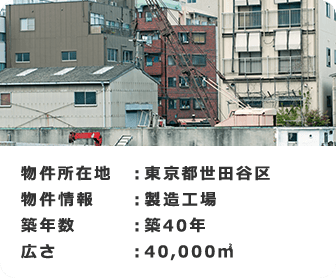 物件所在地：東京都世田谷区 物件情報：製造工場 築年数：築40年 広さ：40,000㎡