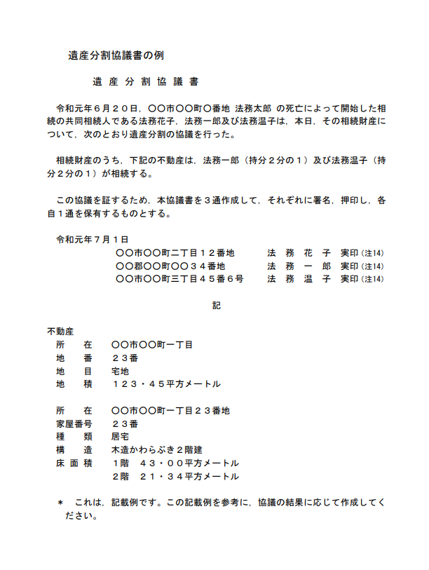 遺産分割協議書の例