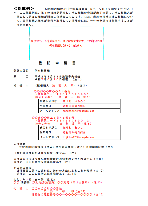 相続登記申請書の記載例