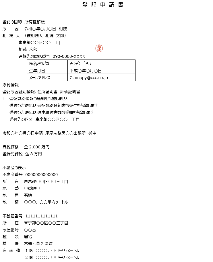 単独名義の相続登記記載例